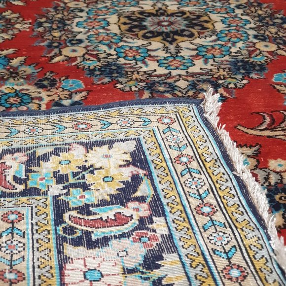 Rare 1950 Semi Antique Red Aqua Black 5x3 Persian Maragheh Qum Rug 100% Silk - Picture 3 of 5